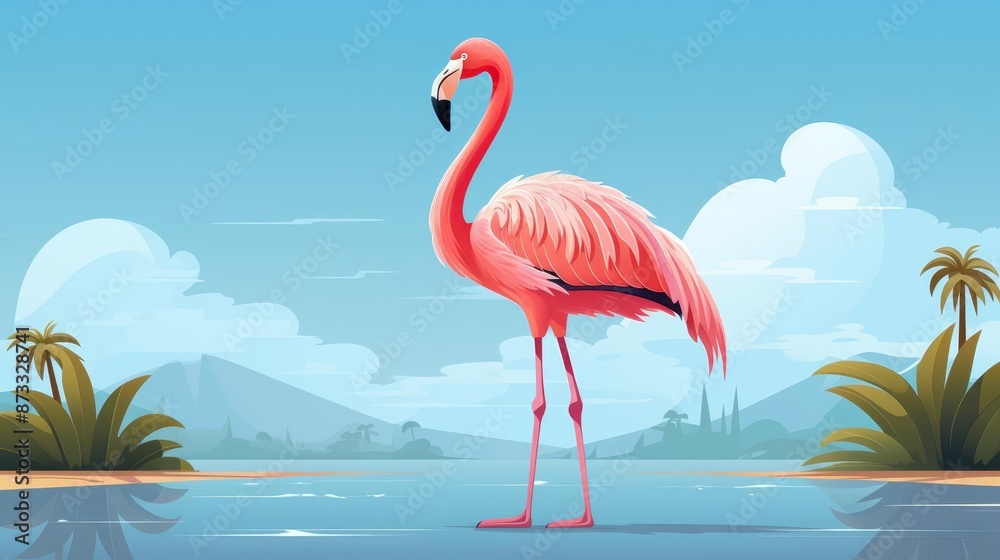 Fototapeta premium Flamingo resting on one leg flat design top view tranquil lagoon cartoon drawing colored pastel