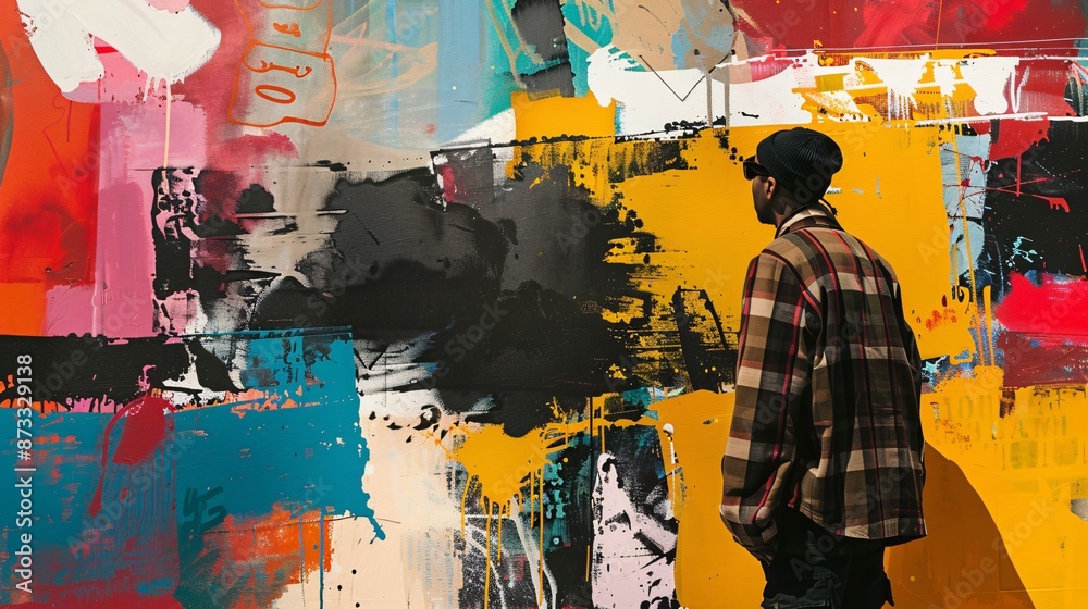 Fototapeta premium An arts cover with street art, gallery highlights, and bold typography, with space for text
