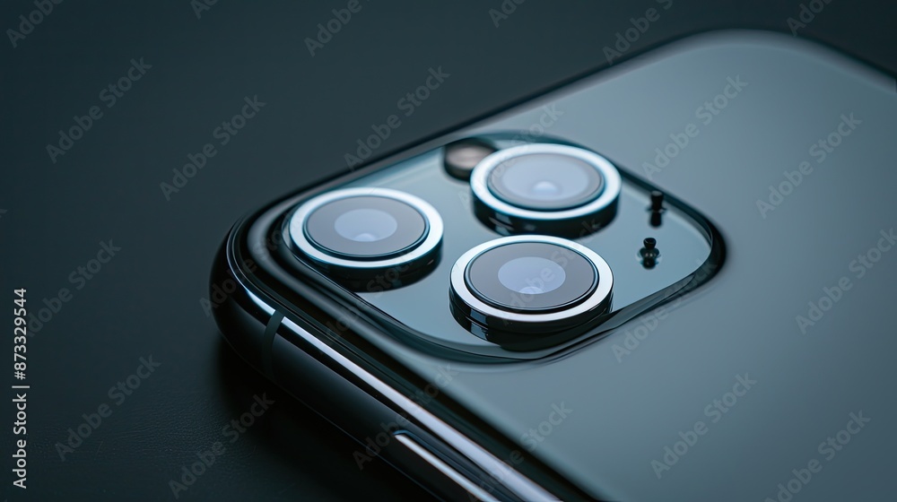 The back of a smartphone with a triple lens camera system, photographed from a low angle The back of a smartphone with a triple lens camera system, photographed from a low angle