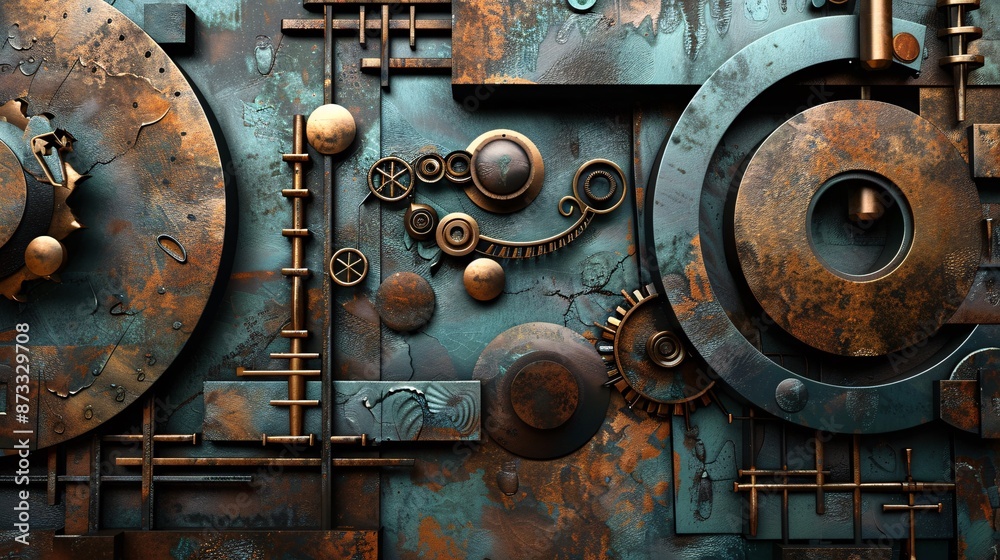 An arts cover with modern metalwork art, gallery highlights, and unique typography, with space for text An arts cover with modern metalwork art, gallery highlights, and unique typography, with space for text