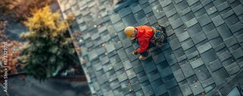 A construction worker wearing safety gear is working on a rooftop, demonstrating careful attention to safety and precision in carrying out roofing tasks in a residential area. photo