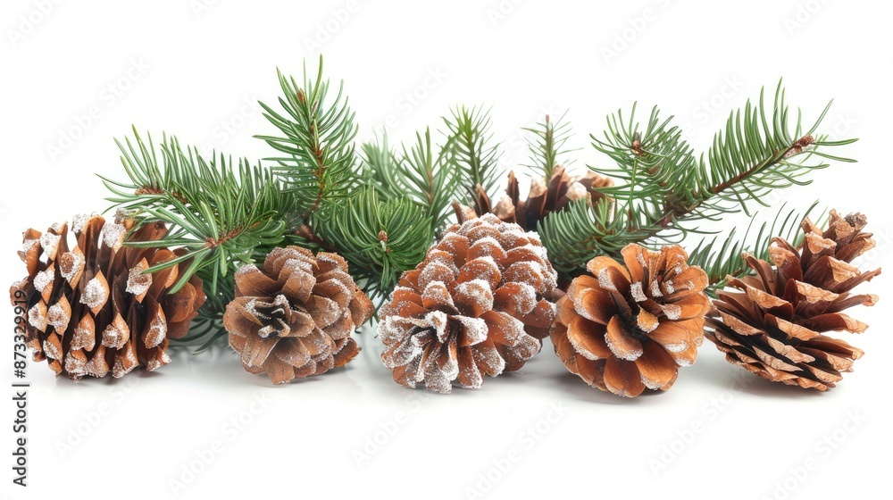 Isolated white background with Christmas cones Isolated white background with Christmas cones