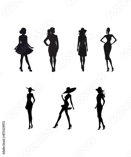 Collection of stylish women silhouettes, elegant and fashionable young females isolated on a white background