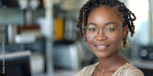 Portrait of a Smiling Woman With Braids and Glasses in an Office Setting