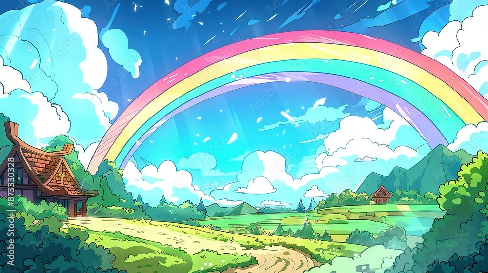 A house in front of a rainbow in the sky A house in front of a rainbow in the sky