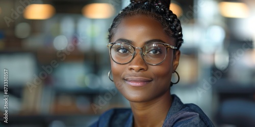 Portrait of a Smiling Woman With Braids and Glasses in an Office Setting