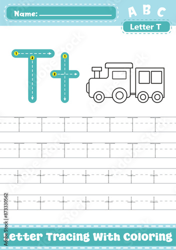 Letter T Uppercase Lowercase Tracing Worksheet with Coloring Apple Activity. A4 Alphabet T Trace Handwriting Printable Vector Illustration. Worksheet for Preschool Kindergarten Kids. Learn To Write.