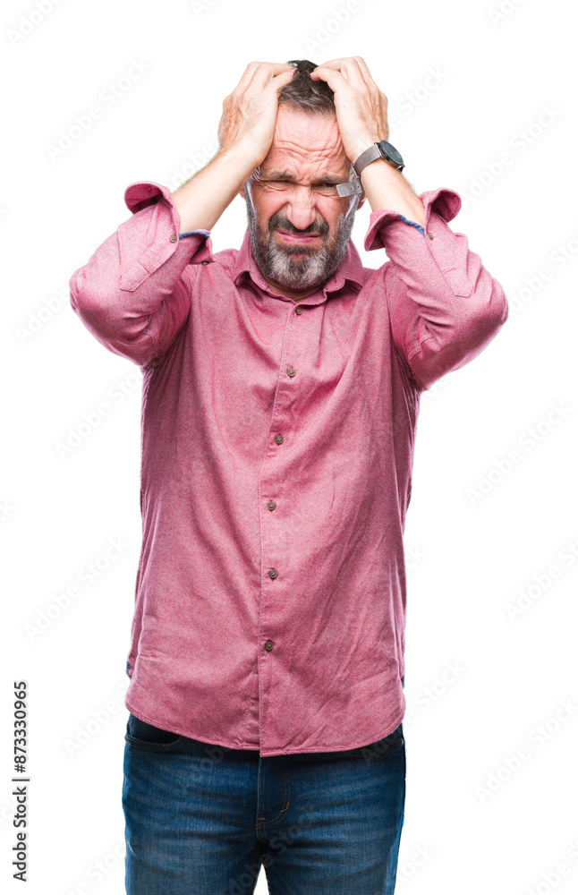 Middle age hoary senior man over isolated background suffering from headache desperate and stressed because pain and migraine. Hands on head. Middle age hoary senior man over isolated background suffering from headache desperate and stressed because pain and migraine. Hands on head.