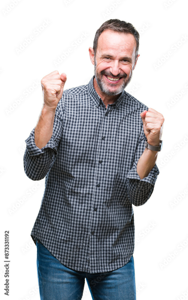 Middle age hoary senior man over isolated background very happy and excited doing winner gesture with arms raised, smiling and screaming for success. Celebration concept. Middle age hoary senior man over isolated background very happy and excited doing winner gesture with arms raised, smiling and screaming for success. Celebration concept.