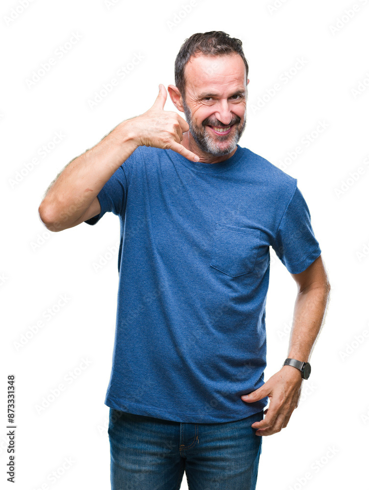 Middle age hoary senior man over isolated background smiling doing phone gesture with hand and fingers like talking on the telephone. Communicating concepts.