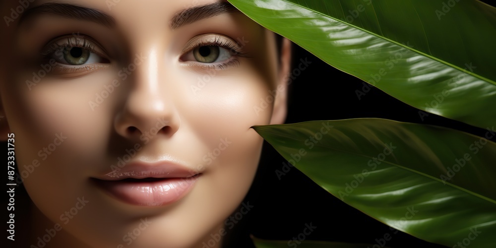 Pretty attractive female girl face portrait on green leave background. Skin care wellness health Pretty attractive female girl face portrait on green leave background. Skin care wellness health