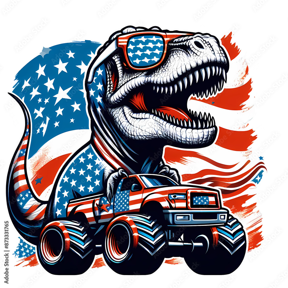Obraz premium T-Rex Dinosaur in American Flag Sunglasses Holding Monster Truck with Patriotic Background Illustration