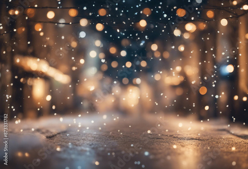 Beautiful blurred street of festive night or evening city with snowfall and Christmas lights Abstrac © FrameFinesse