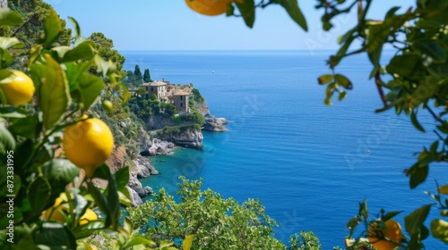 Picturesque Coastal View Through Lemon Trees on a Sunny Day