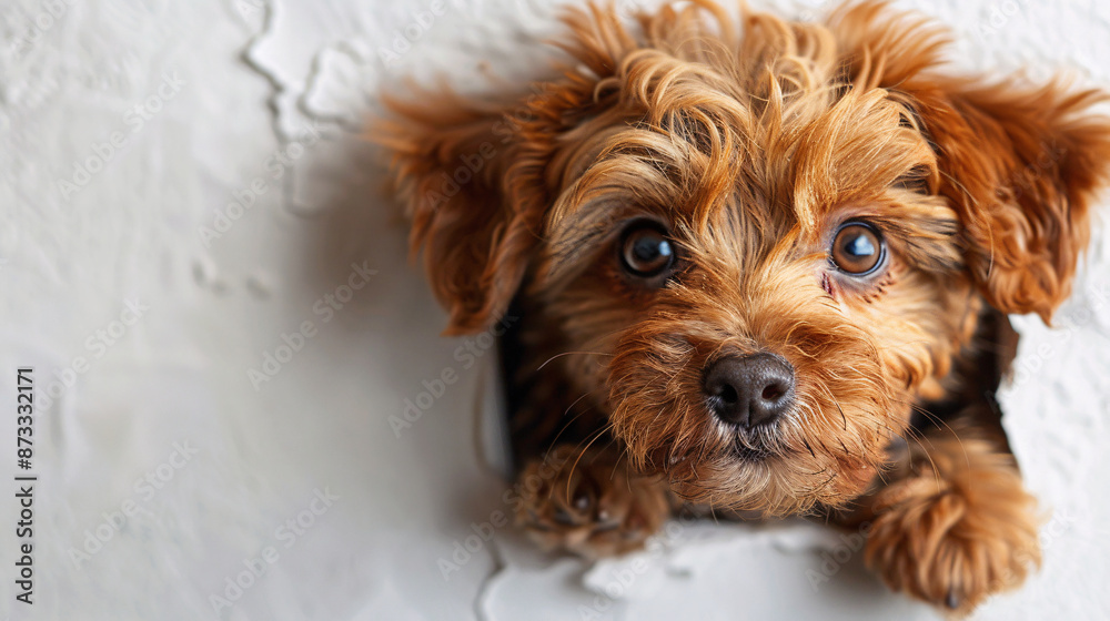 A cute Poodle puppy peeks its head through a hole in the wall, displaying an adorable, curious expression with its big, round eyes A cute Poodle puppy peeks its head through a hole in the wall, displaying an adorable, curious expression with its big, round eyes