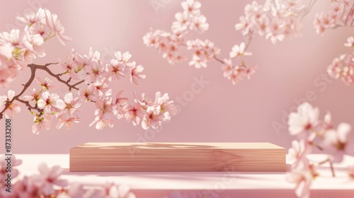 A modern rectangular wooden podium set against a soft pink background with delicate cherry blossoms. The setup is ideal for cosmetic or product displays, emphasizing elegance and simplicity. © Business Pics