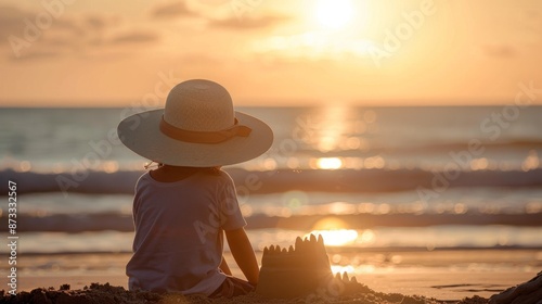 Serene Sunset Beach View with Woman in Hat Relaxing