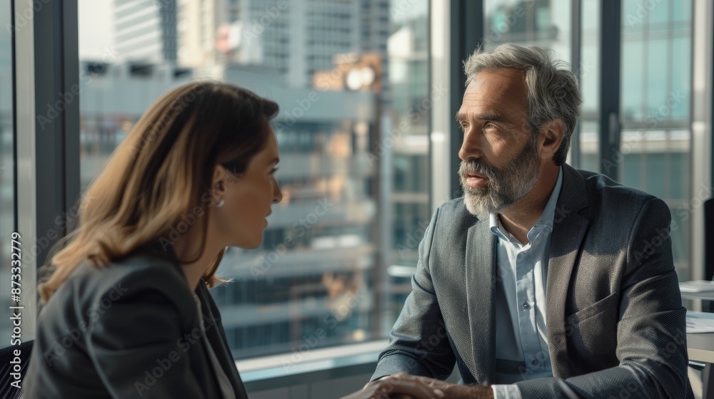 Confident CEO and finance manager discussing strategies in a modern office with cityscape view