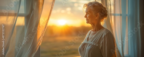 A peaceful woman dressed in white is seen standing by a large window during golden hour, taking in the scenery and enjoying the serene sunset outside. photo