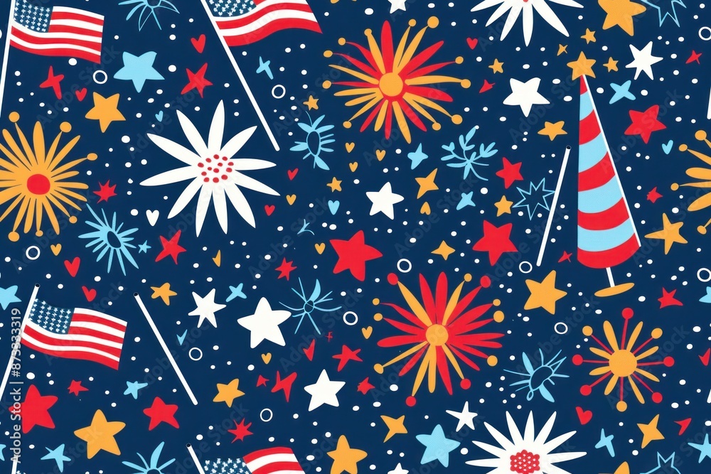 Obraz premium A festive Fourth of July pattern featuring cartoon fireworks, American flags, and patriotic elements. The seamless design is bright and lively, capturing the celebratory spirit of Independence Day,