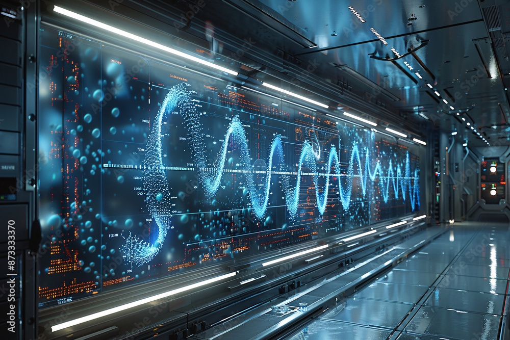 A futuristic laboratory hallway featuring a large, illuminated digital display with complex data and a helix-like waveform, surrounded by sleek metallic surfaces and bright lighting A futuristic laboratory hallway featuring a large, illuminated digital display with complex data and a helix-like waveform, surrounded by sleek metallic surfaces and bright lighting