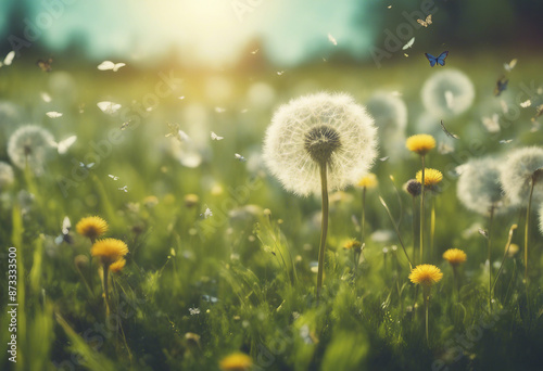 Beautiful spring summer natural landscape with a field of flowering dandelions and fluttering butter © FrameFinesse