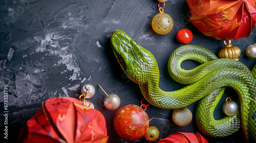 Vibrant Green Snake Amidst Festive Red Lanterns and Ornaments