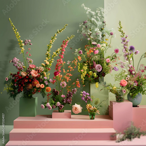 Amidst a tranquil garden, a symphony of tulips dances in the gentle breeze, their vibrant hues of pink, purple, red, and white painting a picturesque scene of springtime bliss.