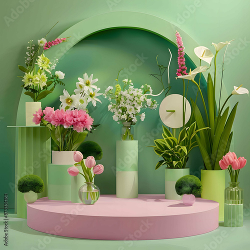 Amidst a tranquil garden, a symphony of tulips dances in the gentle breeze, their vibrant hues of pink, purple, red, and white painting a picturesque scene of springtime bliss.