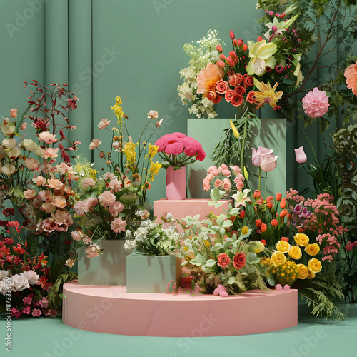 Amidst a tranquil garden, a symphony of tulips dances in the gentle breeze, their vibrant hues of pink, purple, red, and white painting a picturesque scene of springtime bliss.