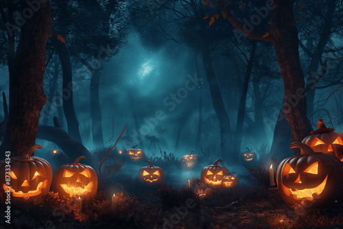 A Halloween-themed background depicting a spooky forest at night, filled with eerie pumpkins illuminated by flickering candlelight photo