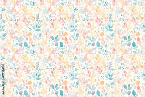 This seamless pattern displays multicolored leaves and flowers in pastel shades on a white background, creating a light and playful look.
