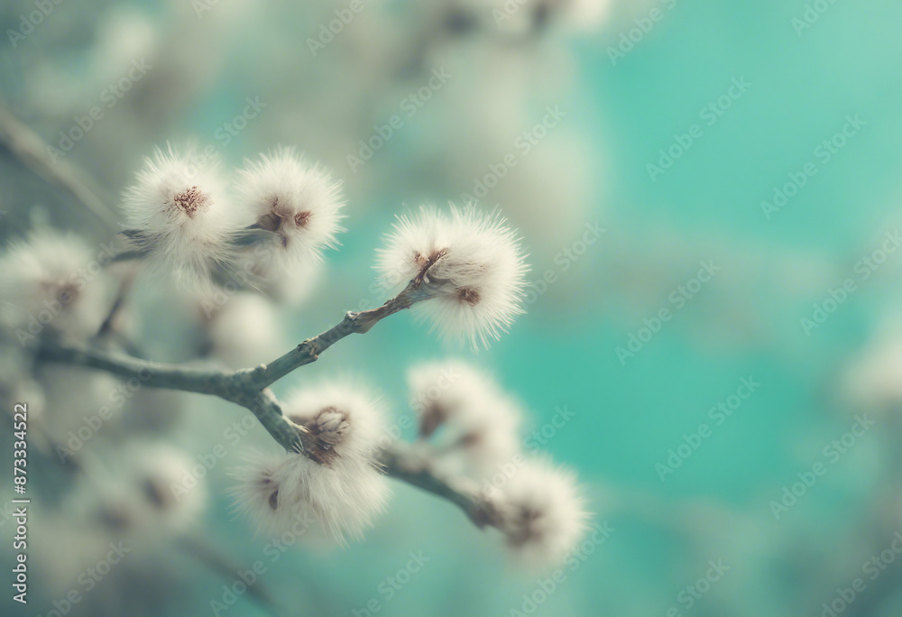 Blooming fluffy willow branches in spring close-up on nature macro with soft focus on turquoise blue