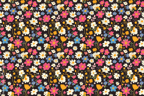 Playful seamless pattern with whimsical flowers in bold colors like pink, yellow, and blue on a black background, creating a cheerful and fun design.