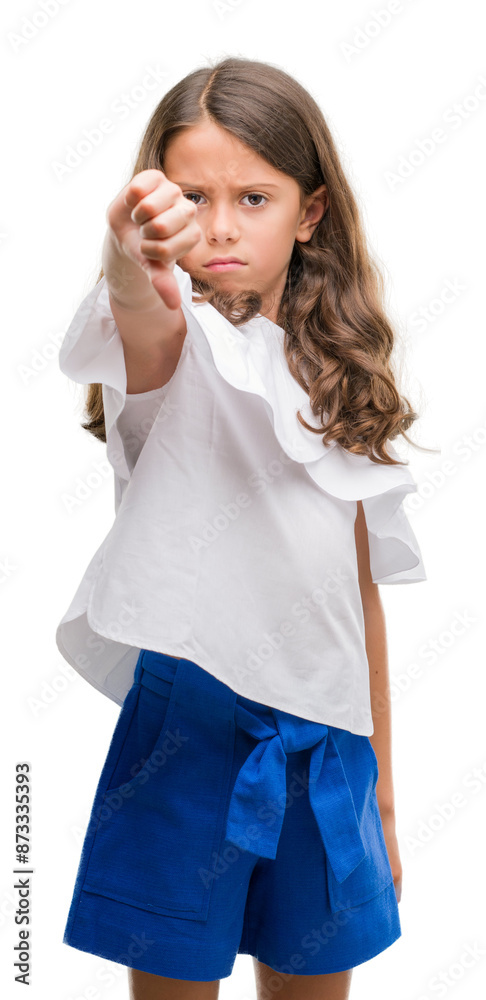 Brunette hispanic girl looking unhappy and angry showing rejection and negative with thumbs down gesture. Bad expression. Brunette hispanic girl looking unhappy and angry showing rejection and negative with thumbs down gesture. Bad expression.