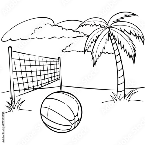 A beach volleyball net set up with a ball, framed by a palm tree and a clear sky.
