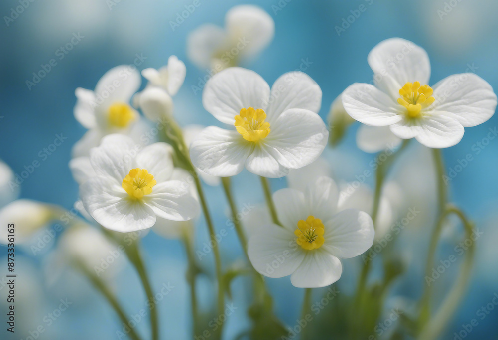 Spring forest white flowers primroses on a beautiful blue background Macro Blurred gentle sky-blue b Spring forest white flowers primroses on a beautiful blue background Macro Blurred gentle sky-blue b