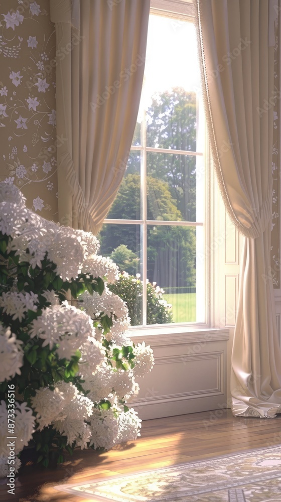 White flowers in a vase sit in a room with large windows, white curtains, and sunlight streaming through