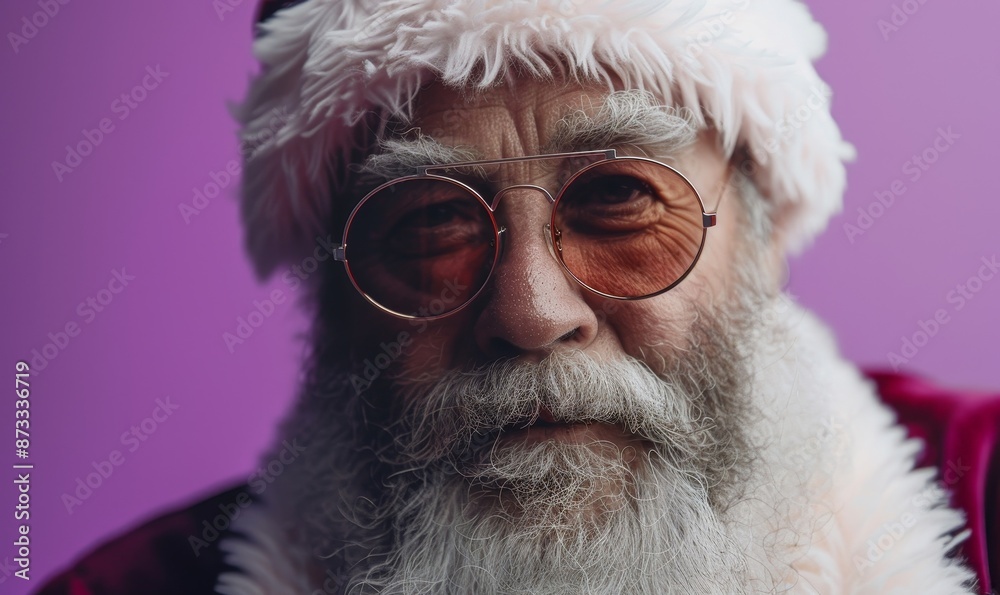 Portrait of Santa Claus in sunglasses on a purple background. Christmas. Studio shot, winter feeling, vibrant color, attention grabbing, Generative AI Portrait of Santa Claus in sunglasses on a purple background. Christmas. Studio shot, winter feeling, vibrant color, attention grabbing, Generative AI