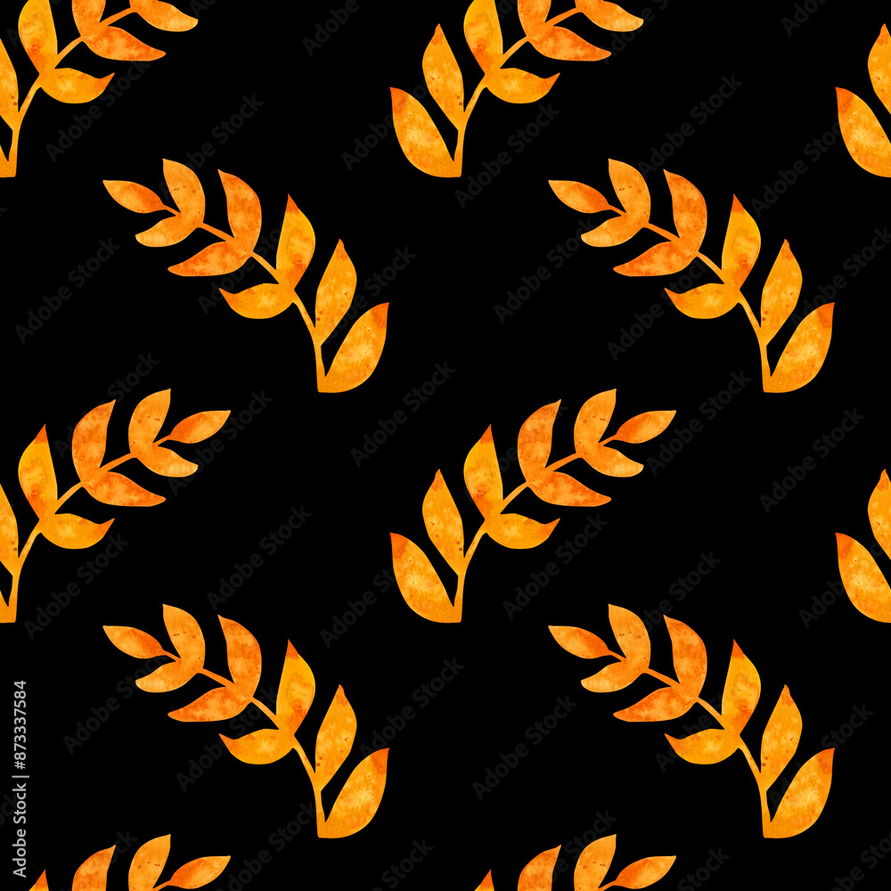Seamless pattern of yellow twig leaves painted with watercolors on a black background. For fabric, sketchbook, wallpaper, wrapping paper. Hand painted floral elements. Drawn Botanical. watercolor Seamless pattern of yellow twig leaves painted with watercolors on a black background. For fabric, sketchbook, wallpaper, wrapping paper. Hand painted floral elements. Drawn Botanical. watercolor