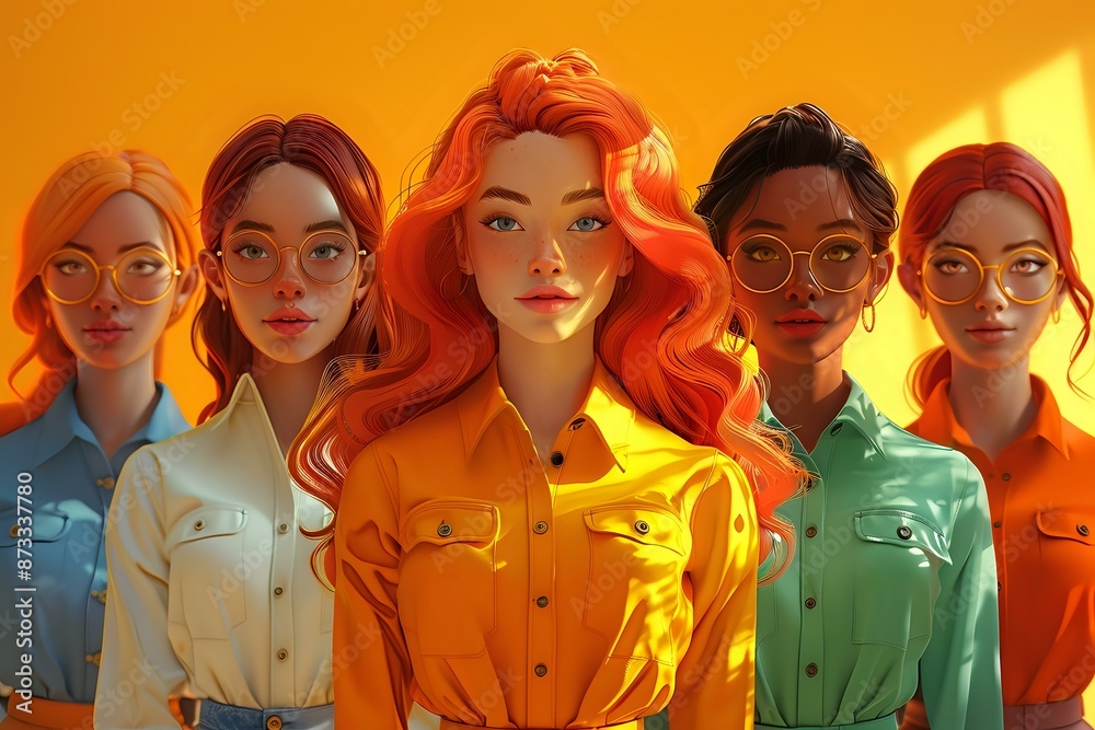 Joyful and Diverse Group of Animated Characters in Monochromatic Setting Joyful and Diverse Group of Animated Characters in Monochromatic Setting