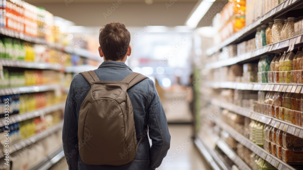 Young man shopping in grocery store aisle, soft focused background, copy space Young man shopping in grocery store aisle, soft focused background, copy space