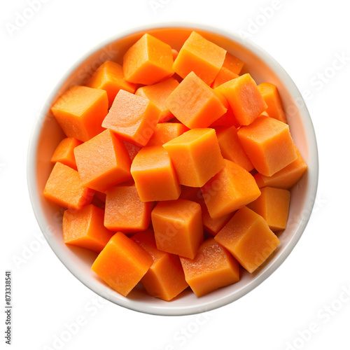 Carrot cubes in a bowl Isolated on white background