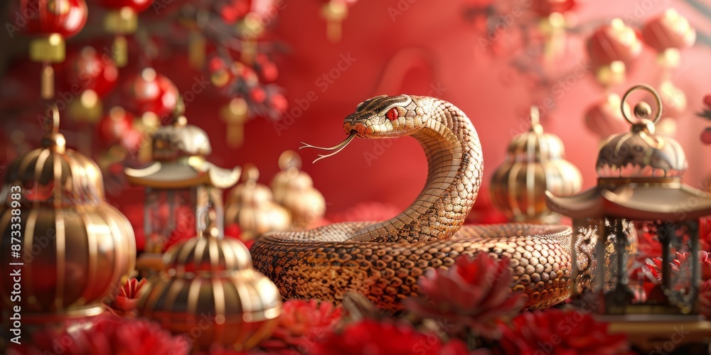 Fototapeta premium Golden Serpent Amidst Vibrant Red Lanterns in Ornate Asian Setting