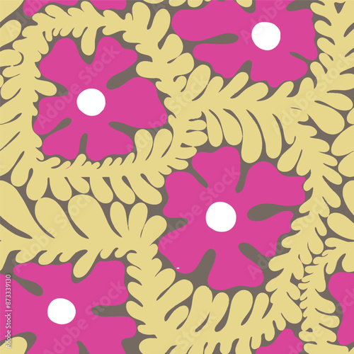 Trendy floral seamless pattern collection. Set of vintage 70s style flower background illustration. Colorful pastel color groovy artwork bundle, y2k nature backgrounds with spring plants