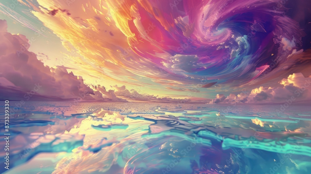 A magical landscape where the ground is made of glass and reflects a vibrant, swirling sky.