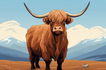 Tableau sur aluminium  Highland cow with head bowed against the wind flat design top view countryside theme cartoon drawing vivid  © NeeArtwork