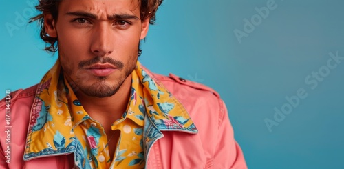 Man Wearing Pink Denim Jacket and Yellow Floral Shirt With Hands in Pockets