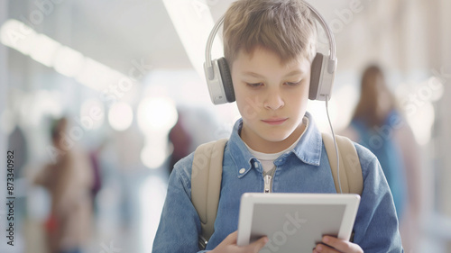 Wallpaper Mural Boy wearing headphones and a denim jacket holding a tablet. He is focused on the screen with a blurred background of people and a bright hallway Torontodigital.ca