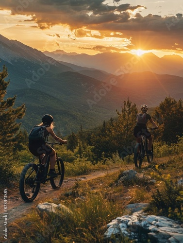 Fototapeta Naklejka Na Ścianę i Meble -  Two people are riding bikes on a trail in the mountains. The sun is setting, casting a warm glow over the landscape. Scene is peaceful and serene, as the riders enjoy the beauty of nature